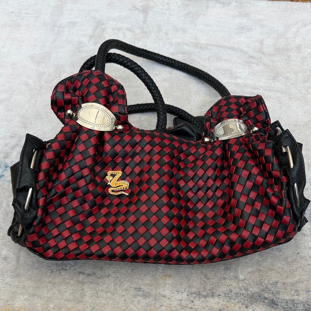 Zelli Woven Leather Satchel Bag | Red & Black | Designer Purse